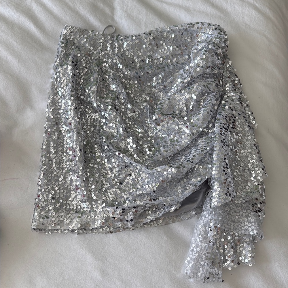 Silver Sequin Asymmetrical Mini Skirt
